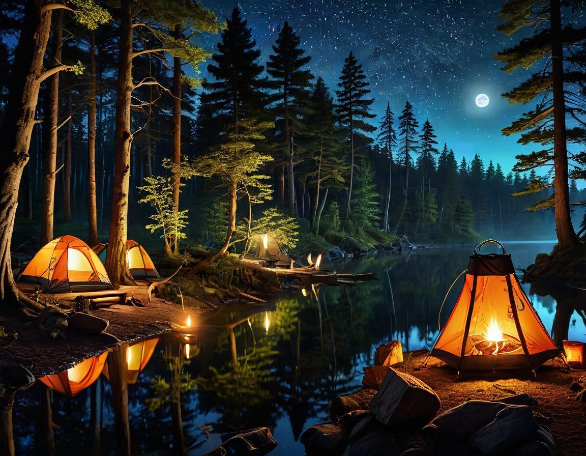 A serene campsite scene nestled in a lush forest, showcasing a cozy tent, a crackling campfire with glowing embers, and a starry night sky overhead. Include camping gear like backpacks, cooking equipment, and hanging lanterns for ambiance. A nearby river contributes to the tranquil atmosphere with the faint reflection of the moonlight. Convey the excitement and adventure of outdoor living with vibrant colors and detailed nature elements. digital painting. vibrant colors. night scene.