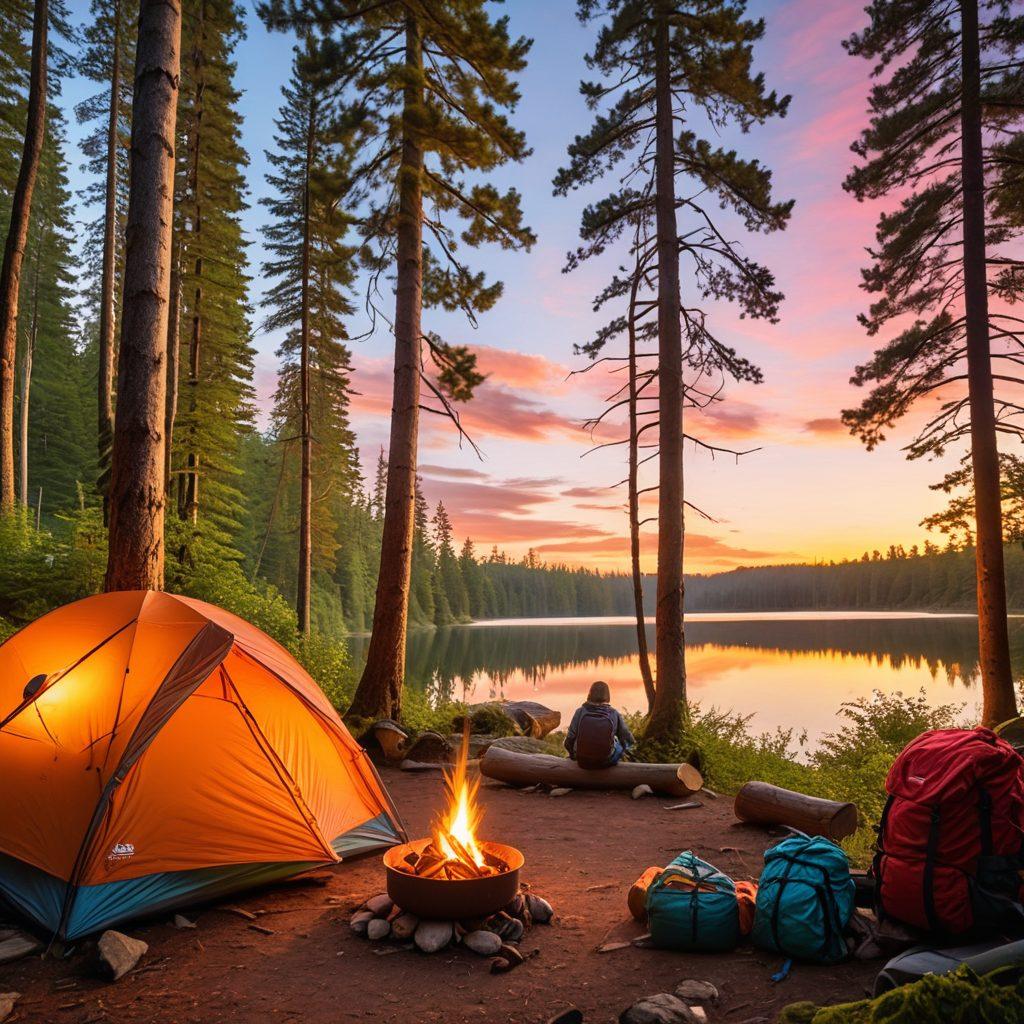 A serene campsite nestled in a lush forest, featuring a cozy tent with warm light glowing from inside, surrounded by camping gear like backpacks, a campfire with glowing embers, and a picturesque lake reflecting the sunset in the background. A hiker with a joyful expression is roasting marshmallows, while tall trees create a tranquil atmosphere. ideal for adventurers. super-realistic. vibrant colors.