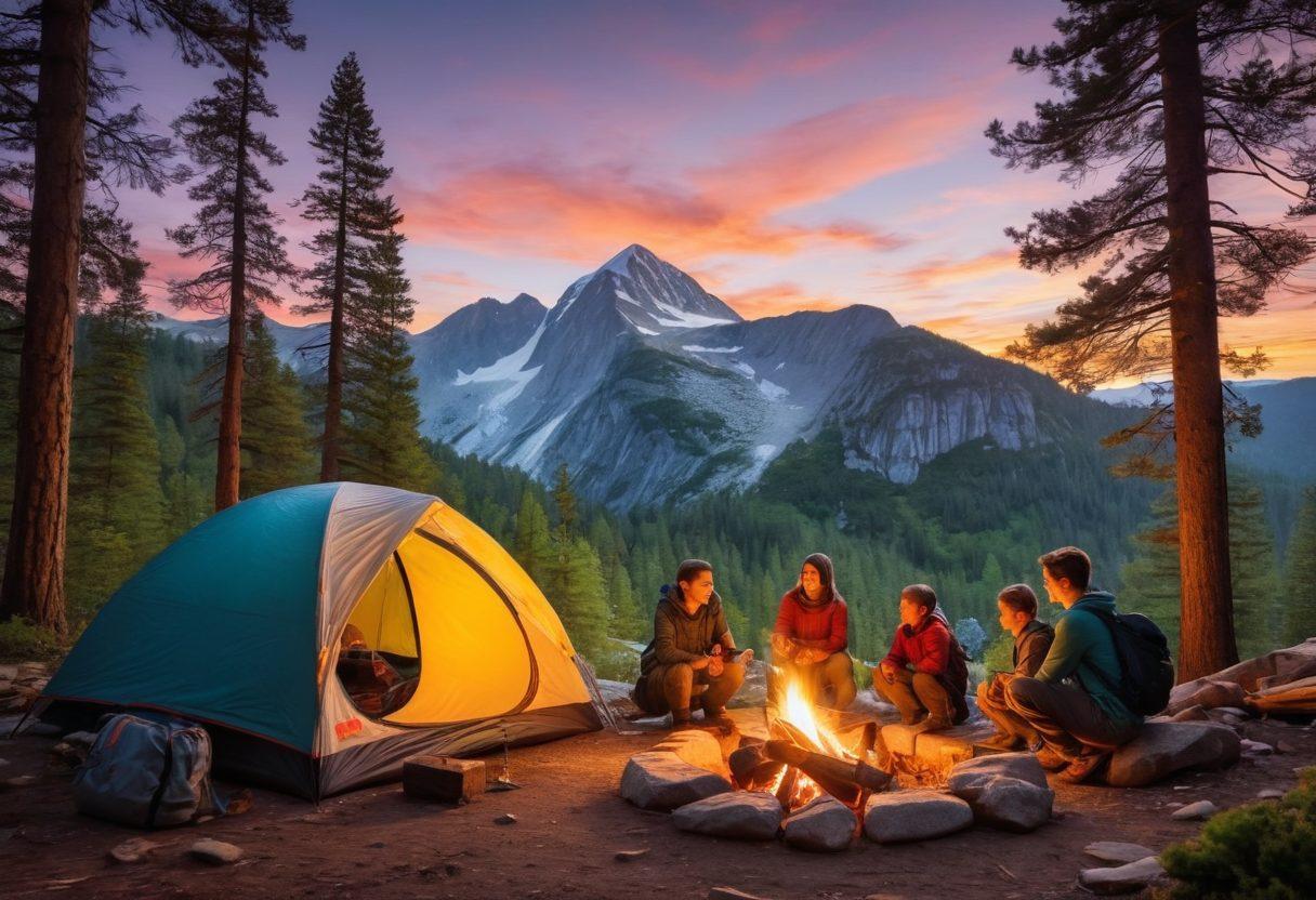A serene campsite at sunset, with a joyful family setting up a tent in the foreground, surrounded by towering pine trees and a picturesque mountain backdrop. A campfire crackles nearby, casting warm light over smiling faces roasting marshmallows, while a hiking backpack and gears hint at wilderness survival adventures. In the sky, a starry night starts to unveil, symbolizing exploration and connection with nature. vibrant colors. super-realistic.
